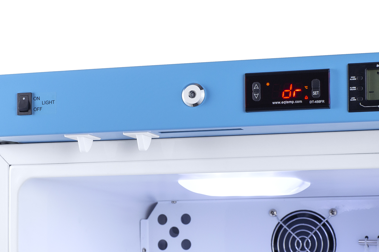 Compact healthcare all-refrigerator certified to NSF/ANSI 456 with self-closing glass door, front lock, digital controls, and NIST-calibrated temperature readout